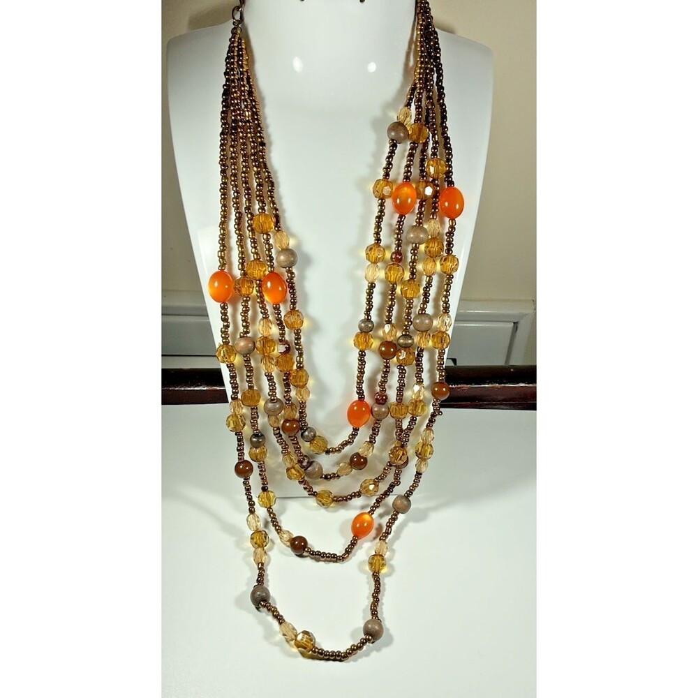 Vintage Faux Amber Orange Brown Color Plastic Beaded Multi Strand Necklace 26"